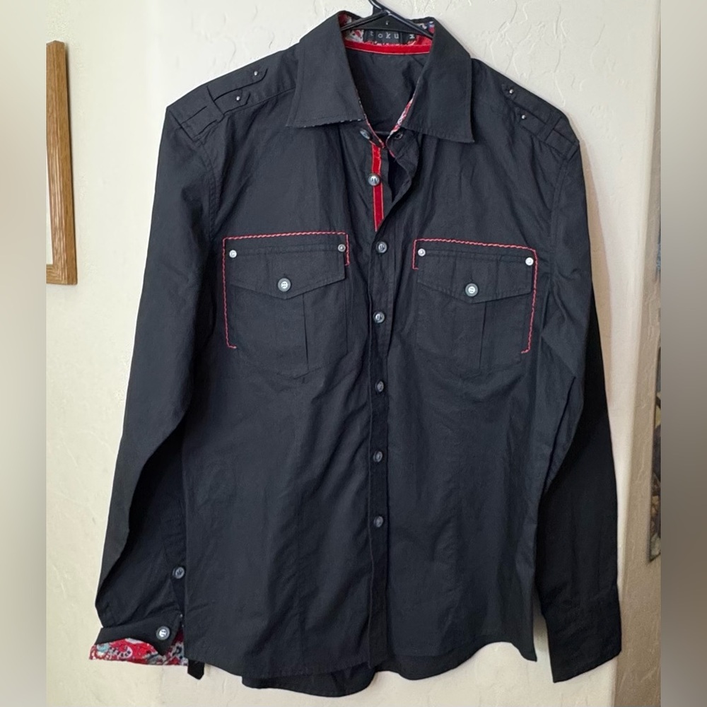 Toku Black Button Up Shirt Red Trim Crown Graphic Fleur De Lis Western Top M